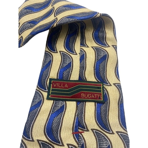 Villa Bugatti Tie All Silk Tan Blue Geometric Pattern Career Professional 3.5" - Picture 5 of 8